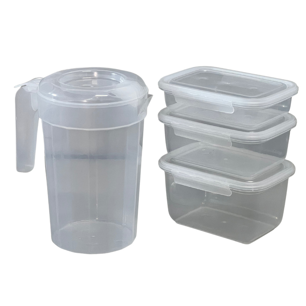 Kit 3 Peças Jarra + Potes Plásticos Retangular Trava Plástico Transparente Cozinha Utilidades