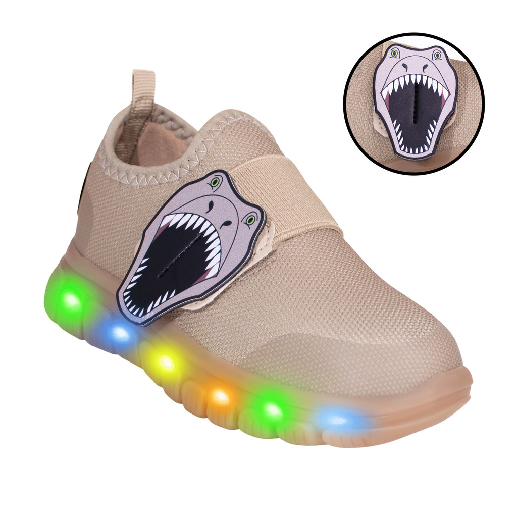 Tênis Infantil Novopé Soft Ludic LED Bege com Dinossauro Divertido