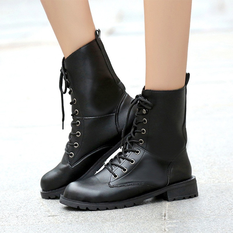 Botas femininas de inverno europeias americanas de salto médio PU com acabamento em couro Martin Botas plataforma à prov