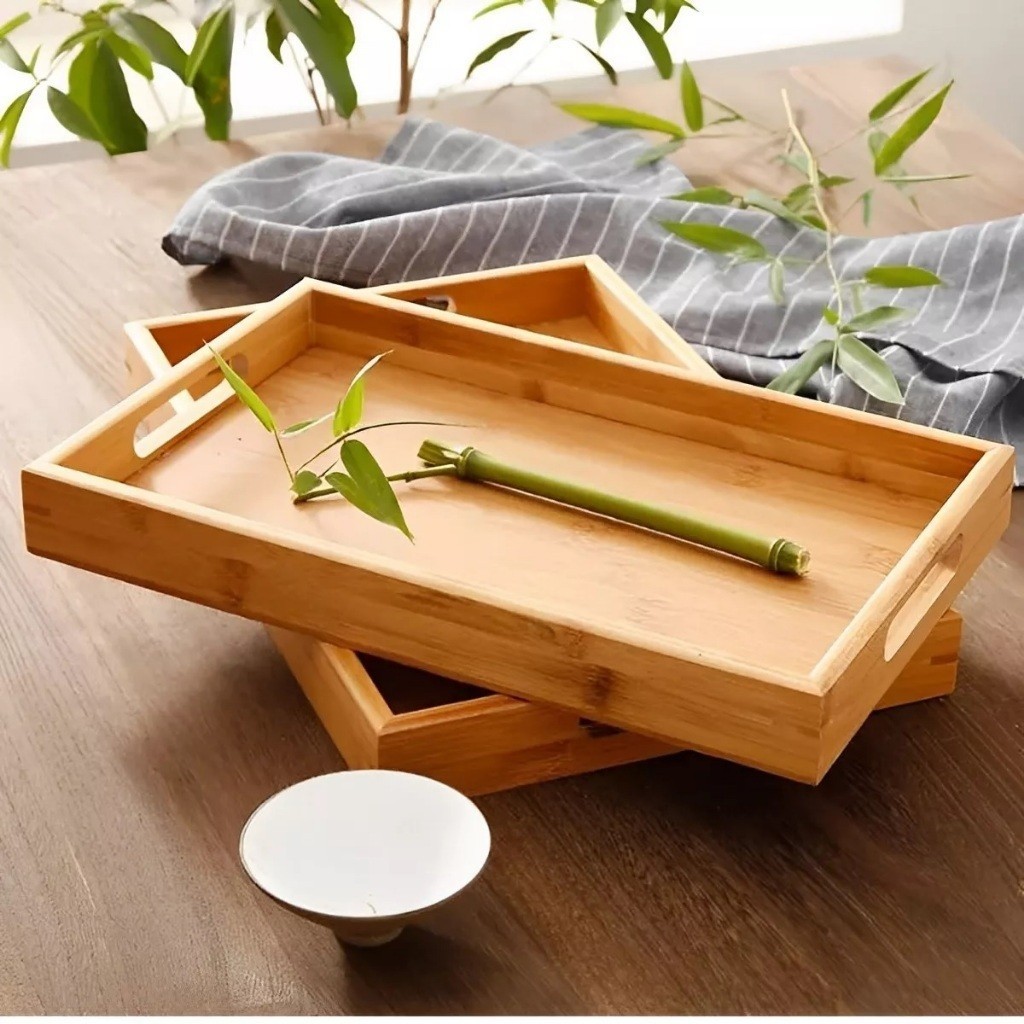 Bandeja Retangular De Bambu Top Útil 46x33Cm E 40x28Cm Com Arco Ou Reto Ou 33x22Cm E Alça Reta