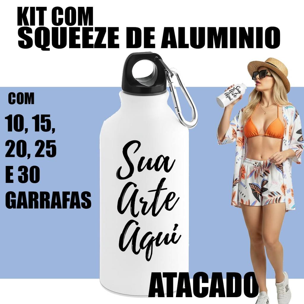 Garrafa de Água Alumínio Atacado Garrafinha Kit Revenda Squeeze com Mosquetão - Kits 10 a 30
