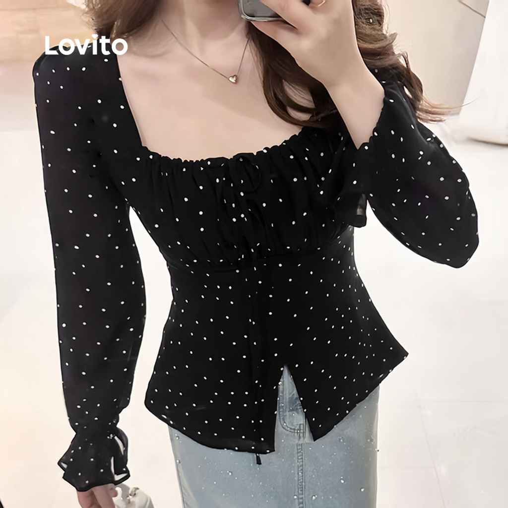 Lovito Casual Blusa de Renda com Amarração Outono/inverno Preta para mulheres Bordado L159AD021 · foto 2