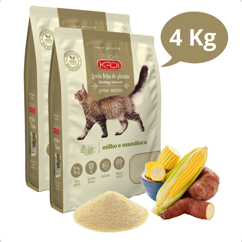 Kit 2 Areia Sanitária Higiênica Natural Biodegradável Grãos Mistos Milho e Mandioca Gatos Kadi 4 kg