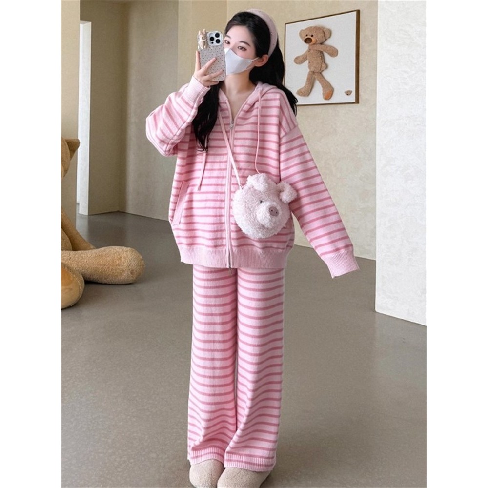 Mulheres grávidas rosa listrado terno outono inverno 2025 novo estilo versão coreana não olhando aparent camisola de mal