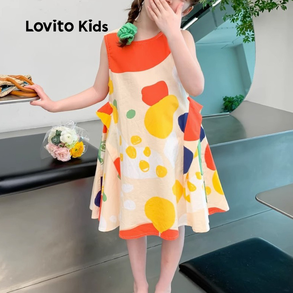 Detalhes do Lovito Kids Vestido Fofo Geométrico de Primavera/verão para menina LNL115185