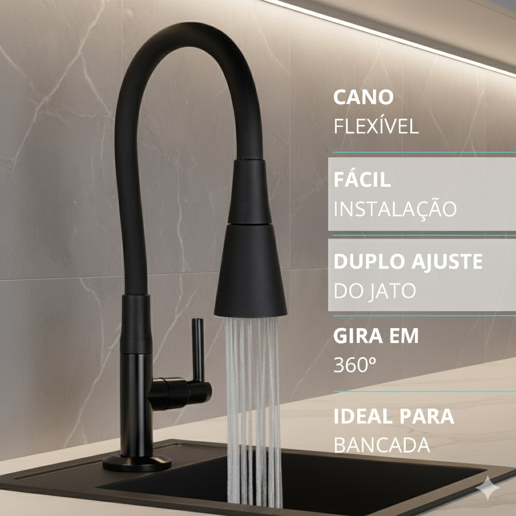 Torneira Bancada Cozinha Gourmet Preta Flexivel 2 Jatos 1/4 de volta para mesa pia bancada e mármore