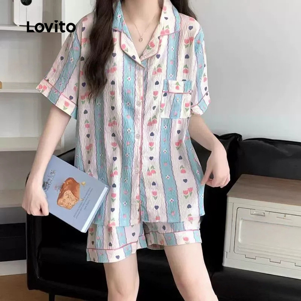Lovito Conjunto de Pijama Casual 2 Peças Casa e Exterior e Linho Mãe/Verão para Mulheres LNE121076 em Oferta na Shopee
