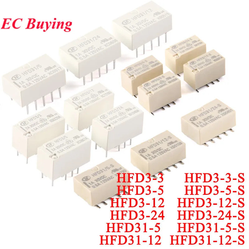 Relé De Sinal HFD3 HFD31 HFD3-3 HFD3-5 HFD3-12 HFD3-24-S HFD31 DC 3V 5V 12V 24VDC 12VDC 1A 2A 8PIN DIP SMD Rele