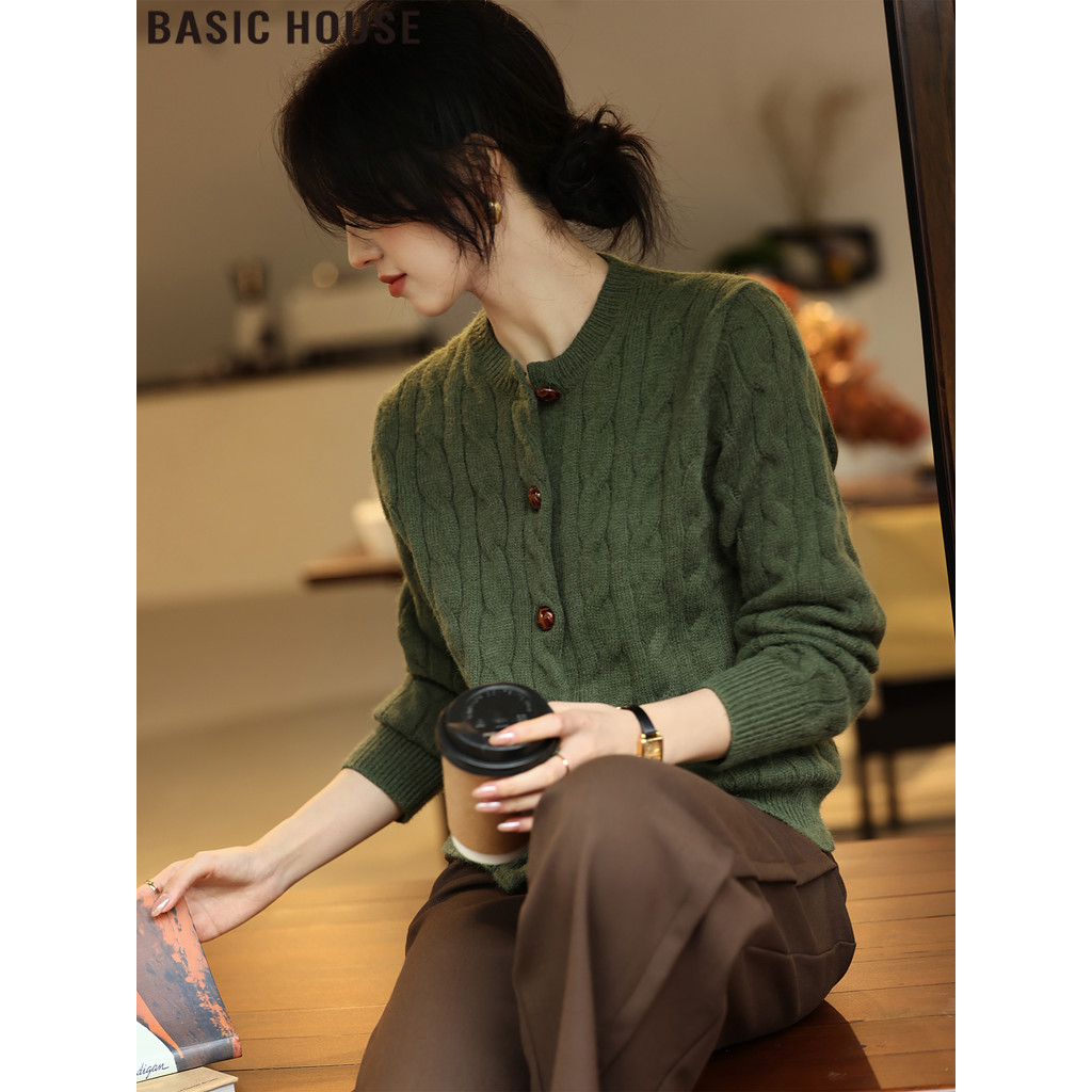 Casa básica/casa básica verde oliva curto torção malha Cardigan feminino primavera estilo preguiçoso camisola jaqueta