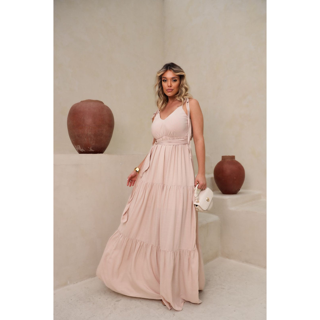 Vestido Longo Maternidade com Alça e Cintura Ajustável Em Viscose Premium Dia a Dia Moda Evangélica
