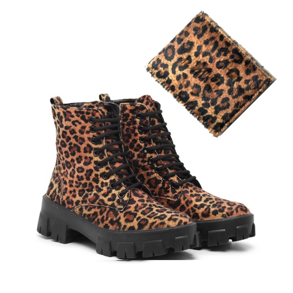 Bota Blogueira Coturno Sola Tratorada Onça De Pelinho Feminino Plataforma + Carteira