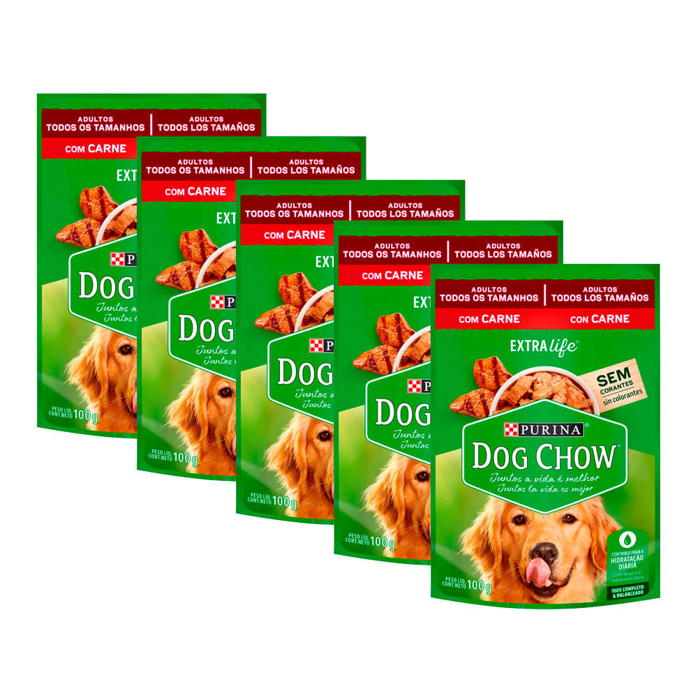 Kit 5 Ração Úmida para Cachorro Dog Chow Adulto Extra Life Sabor Carne em Sachê 100g