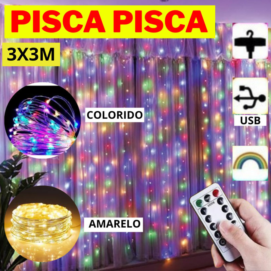 Pisca-Pisca 3X3M Cascata Cortina USB Controle Natalino Colorido Amarelo Fio Transparente