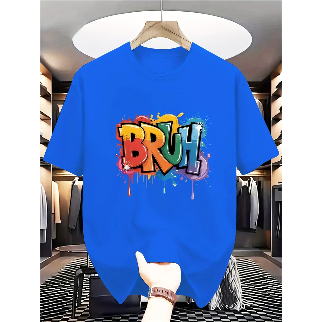 Camiseta gráfica colorida para rapazes jovens com o slogan "BRUH" - Camiseta Infantil Manga Curta 100% Algodão Premium