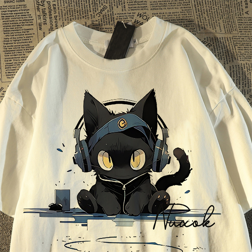 Camiseta Unissex Branca Oversized "Três Gatinhos Espiando Desenhados à Mão Estilo Fofo de Água" Gato