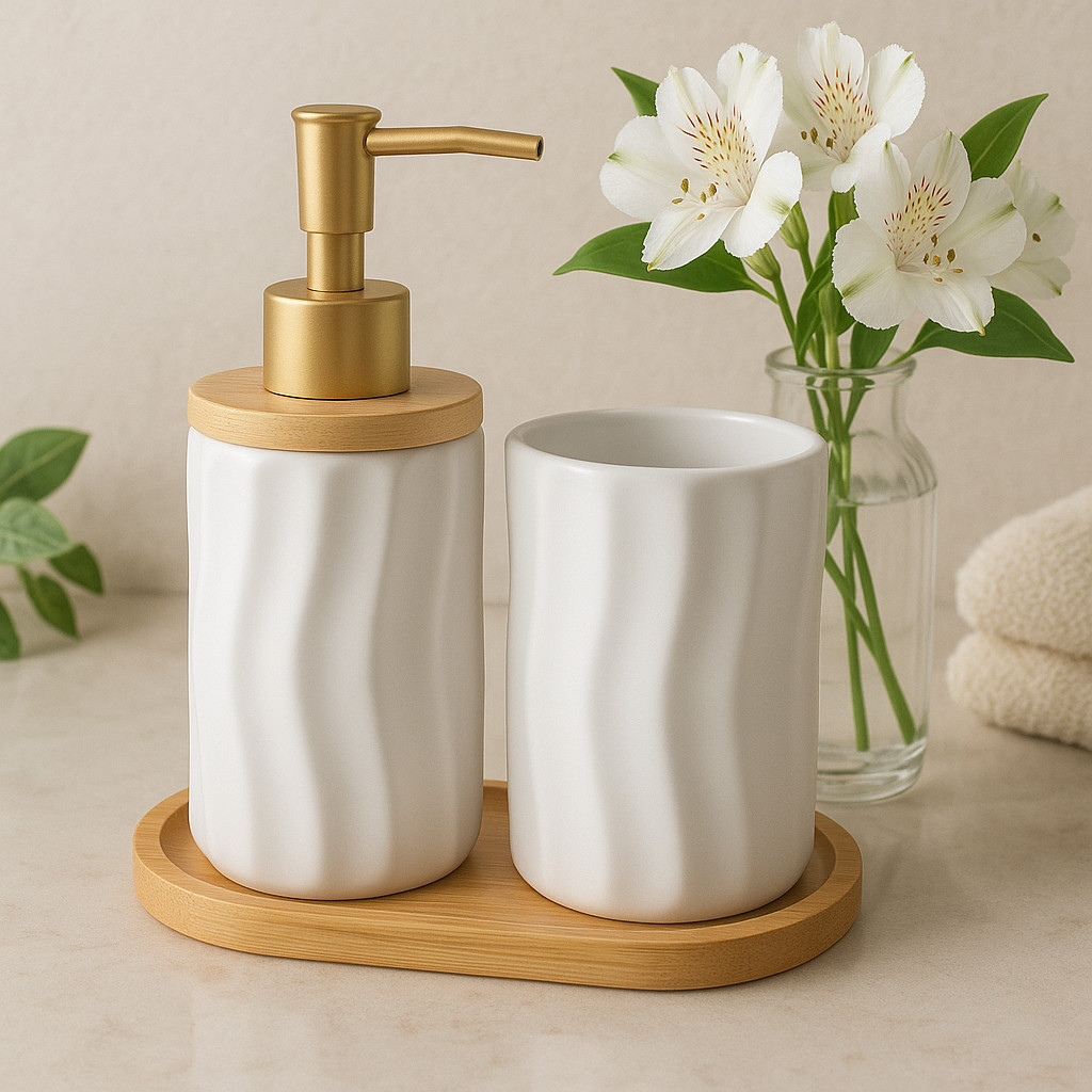Kit Banheiro Lavabo Porta Sabonete Líquido Dispenser Porta Escova Dente Cerâmica/Porcelana