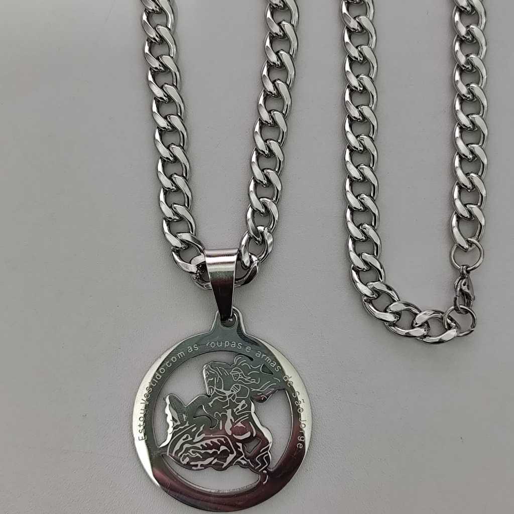 Pingente e Corrente  De São Jorge E Corrente Grossa E Comprida 70 cm 8 mm Aço Inox