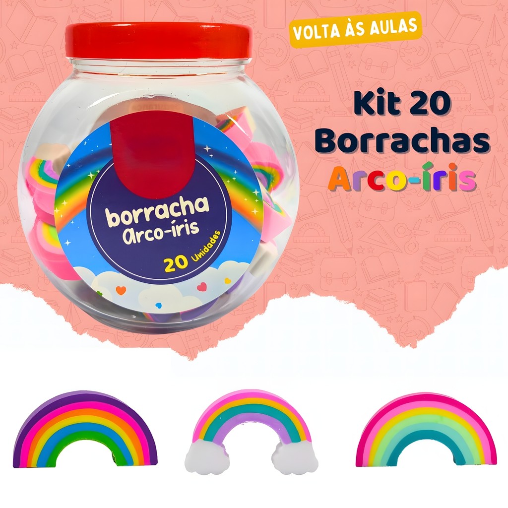 Borrachas Arco-íris Infantil – Pote Com 20 Peças Borrachinas Coloridas – Brinde Escolar Volta às Aulas