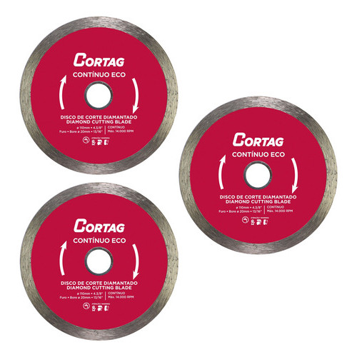 Kit 3 Peças Disco Corte Diamantado Contínuo Eco 110mm Cortag
