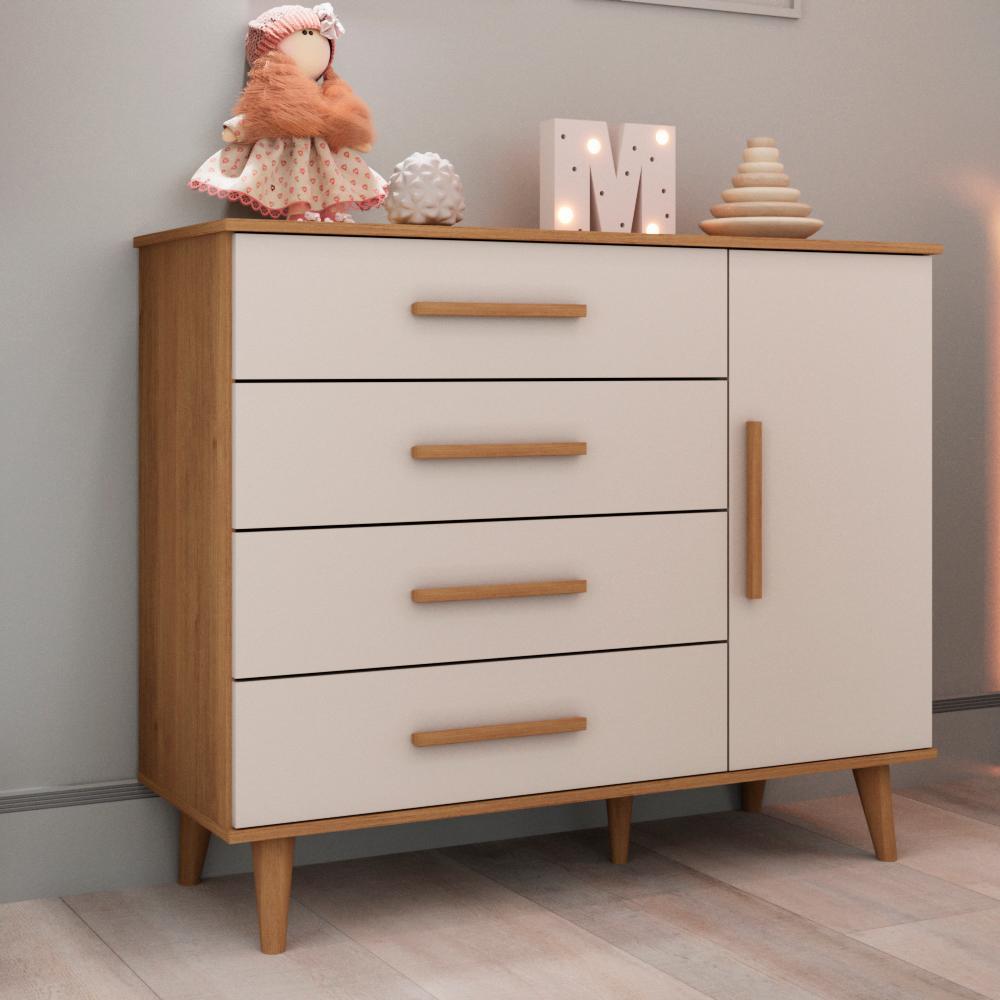 Cômoda Infantil Retrô 4 Gavetas com Porta Fraldário Pés Palito Ludmila MDF Off White em Oferta na Shopee