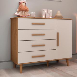 Cômoda Infantil Retrô 4 Gavetas com Porta Fraldário Pés Palito Ludmila MDF Off White em Oferta na Shopee
