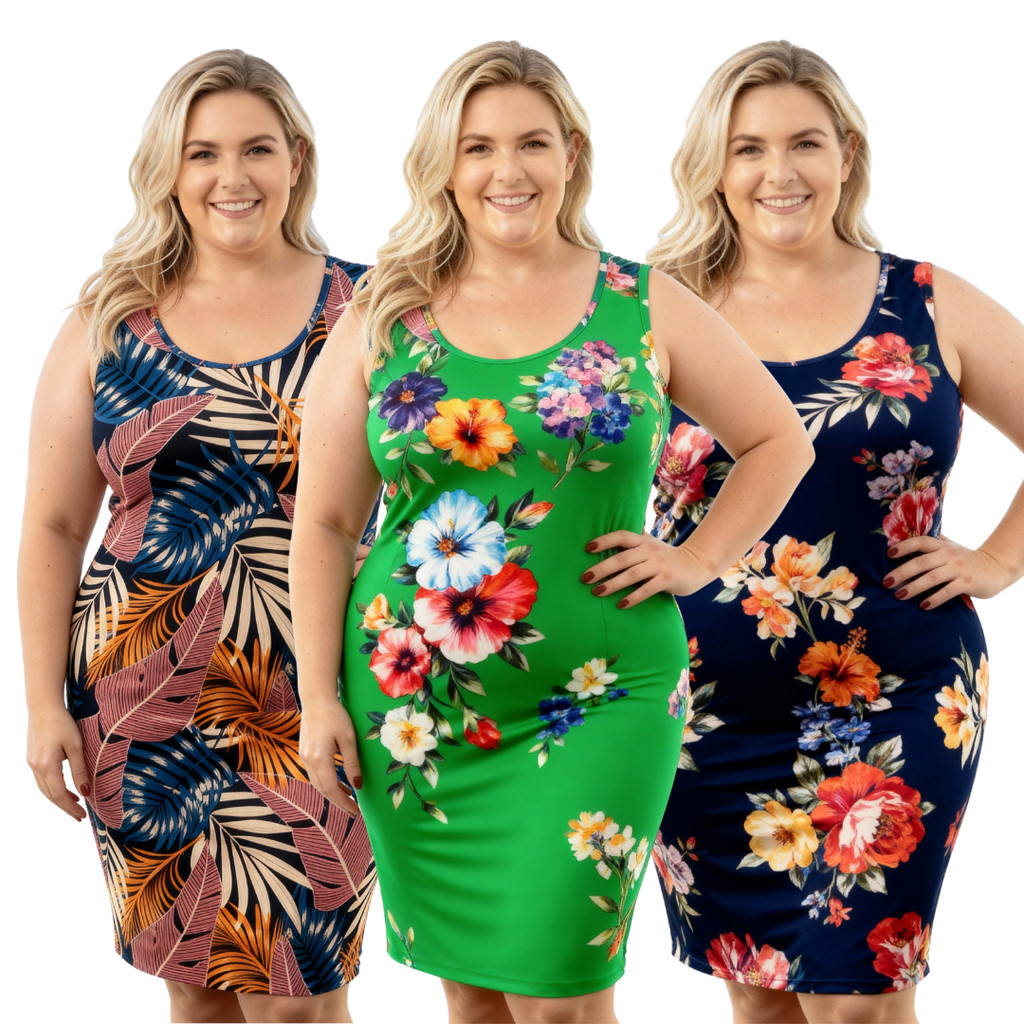 Kit 3 Vestidos Liganete Regata Estampado - Plus Size em Oferta na Shopee