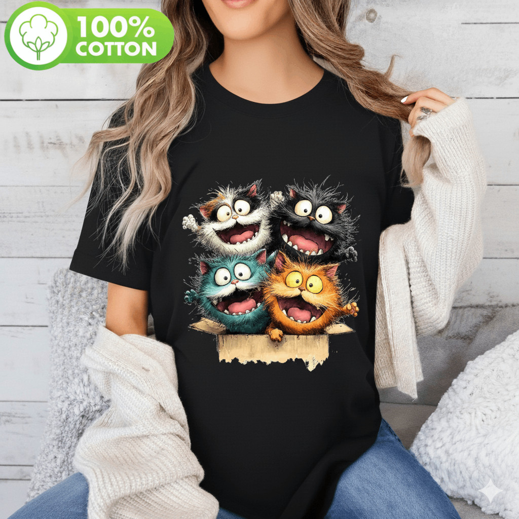 Camiseta Unissex Gatos Cartoon Caixas Engraçados Algodão Estampada Confortável Divertida Descontraída Casual