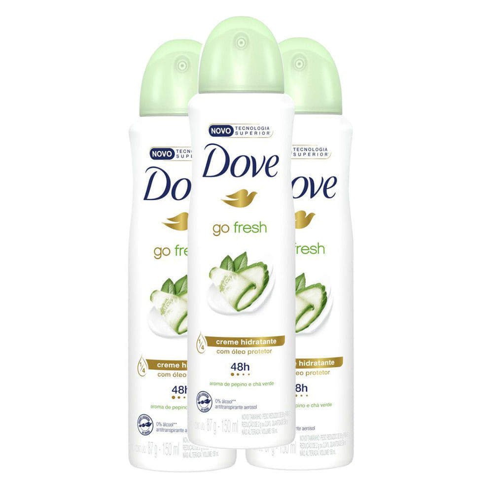 Kit 3 Desodorante Antitranspirante Aerosol Dove Go Fresh Pepino e Chá Verde 150ml em Oferta na Shopee