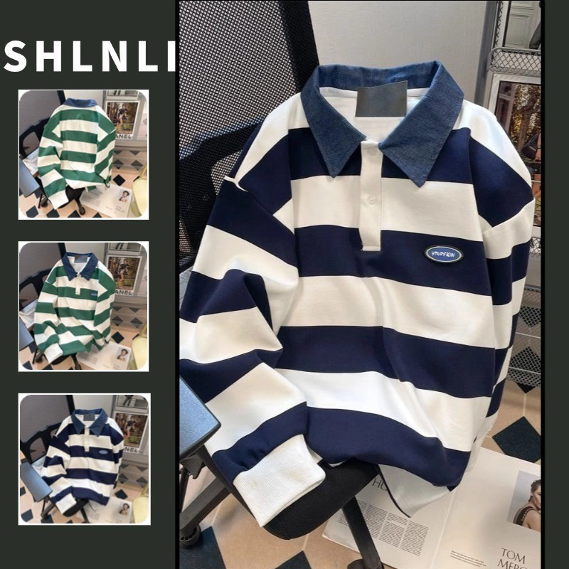 Camisa Polo de Manga Longa Listrada Casual Japonesa para Mulheres Primavera e Outono, Top Simples e Solto TV4X