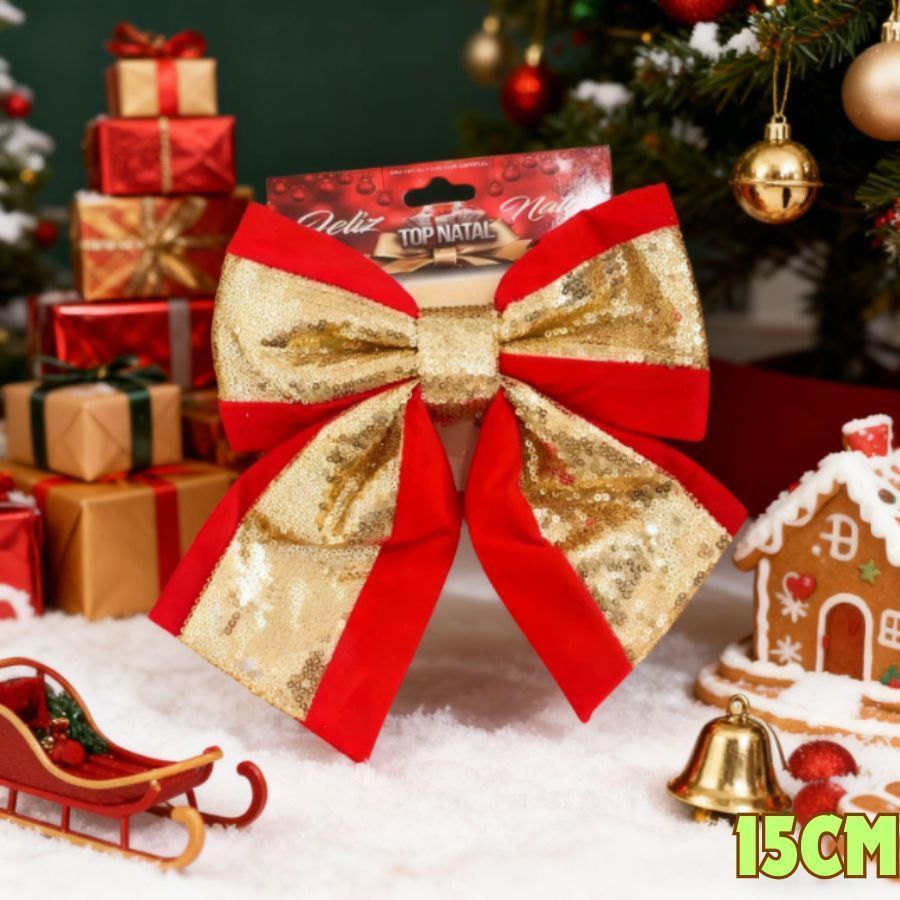Laço Natalino Vermelho E Dourado 15Cm Luxo Elegante Para Árvore De Natal Decorativa