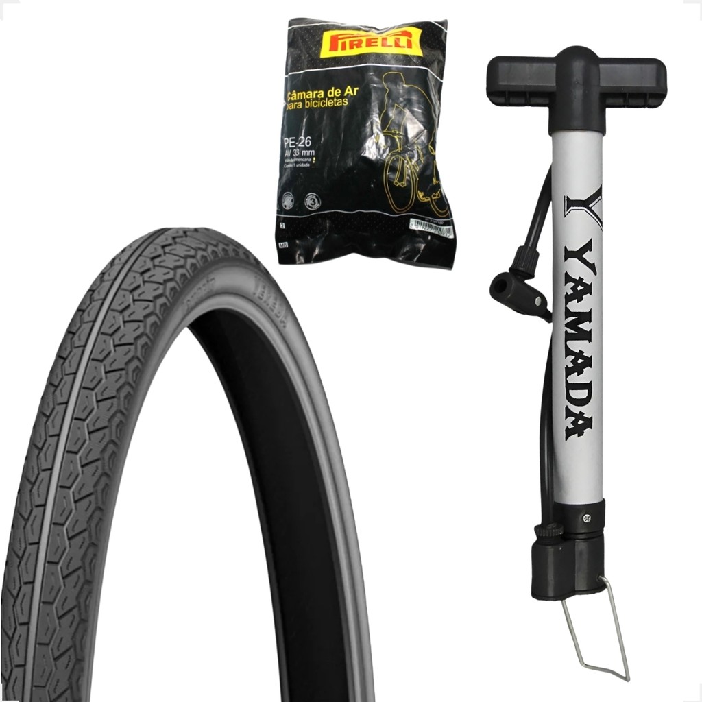 Pneu bicicleta Levorin Vereda aro 26 x 1.1 / 2x2 liso + camara pirelli + Bomba de ar Shiver