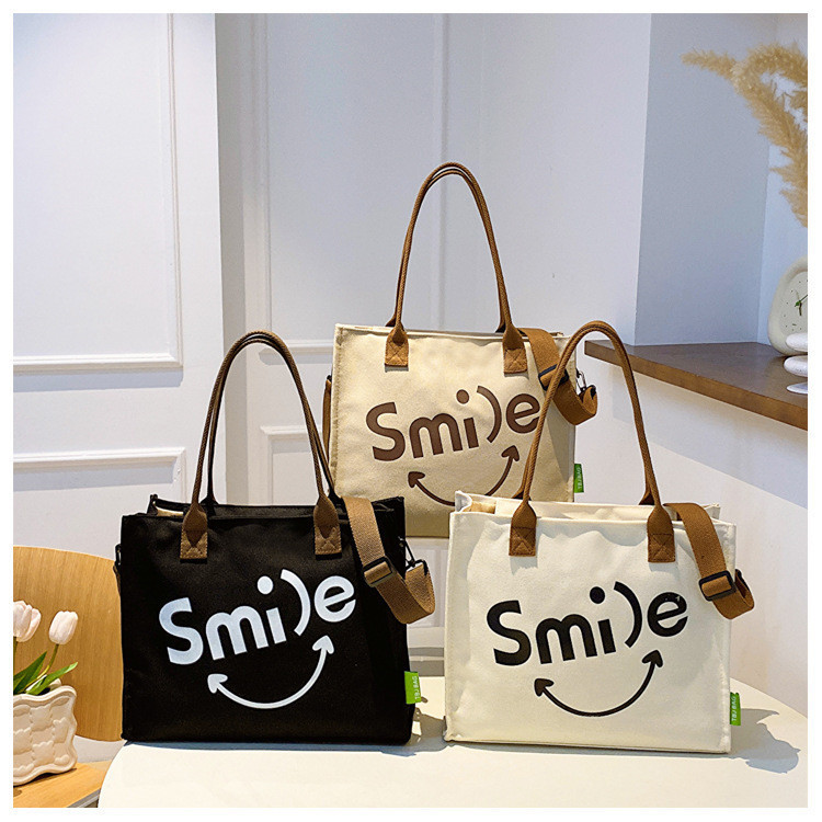 Bolsa Tote Casual De Grande Capacidade, Bolsa Transversal Com Estampa De Carinha Sorrident...