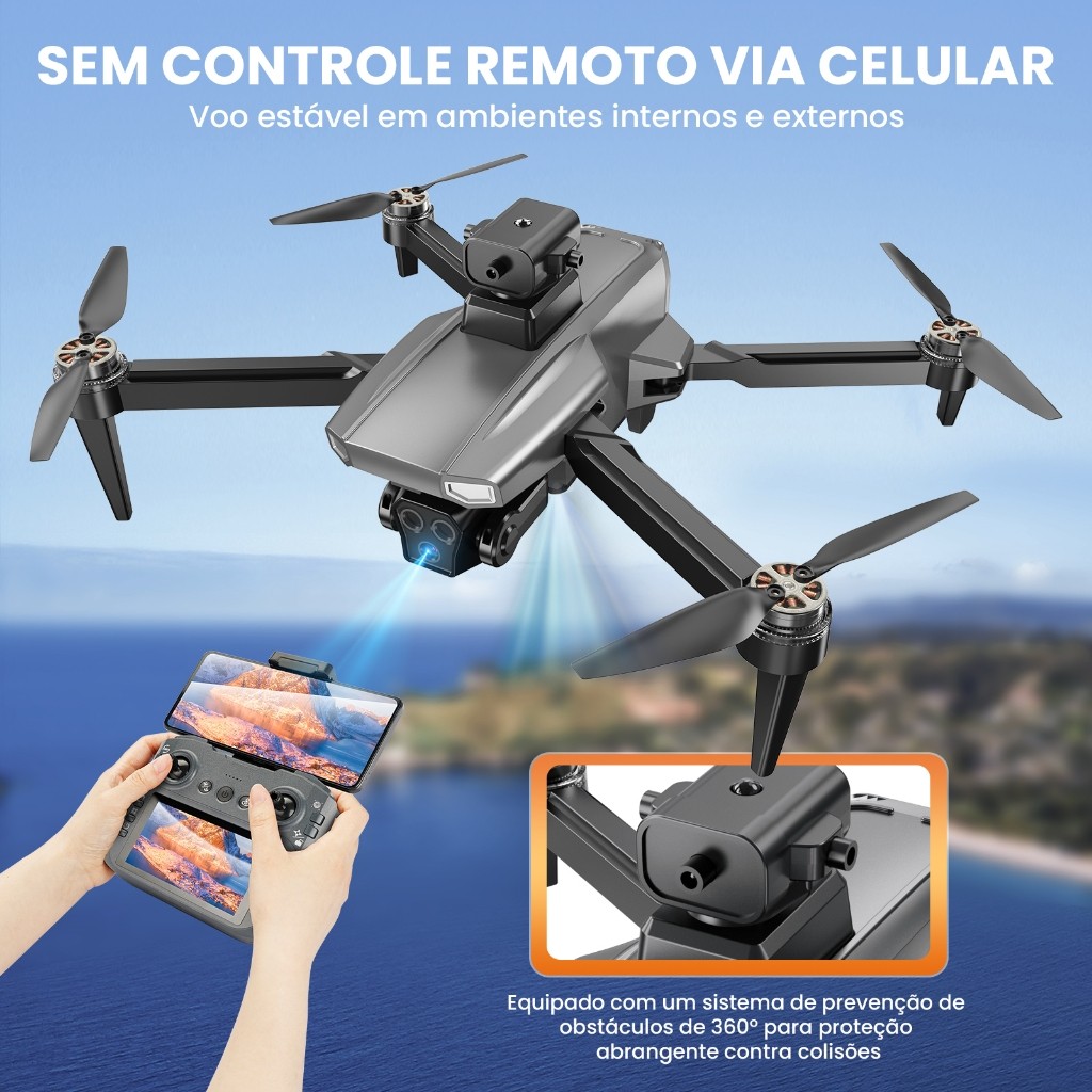 Drone Dobrável Câmera 4K Ultra HD Evitação de Obstáculos 360°, Controle com Tela, 2 Baterias , Fotografia Aérea Estável