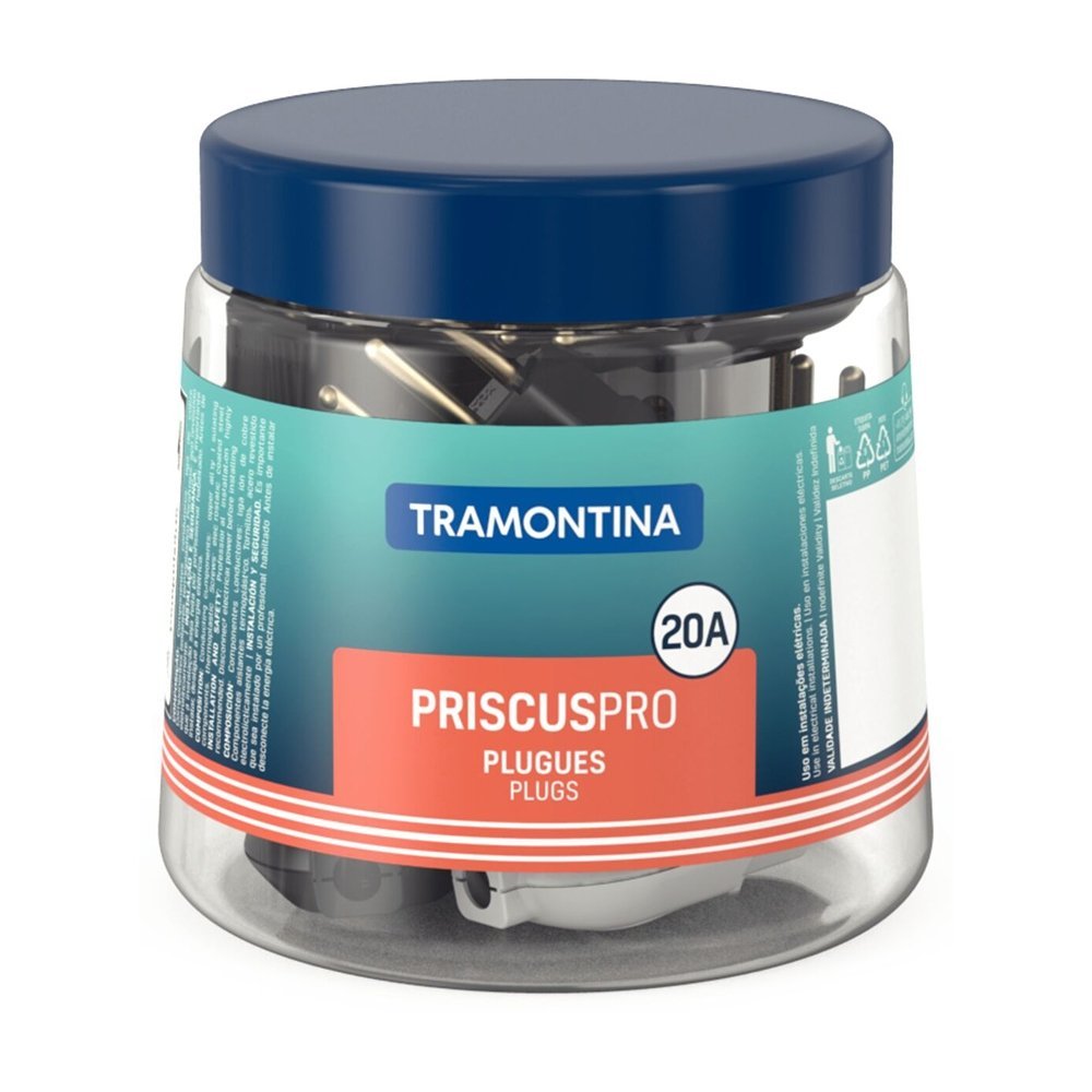 Pino Macho Tramontina 2P+T 20A Preto/Branco Pote - Embalagem com 20 Unidades