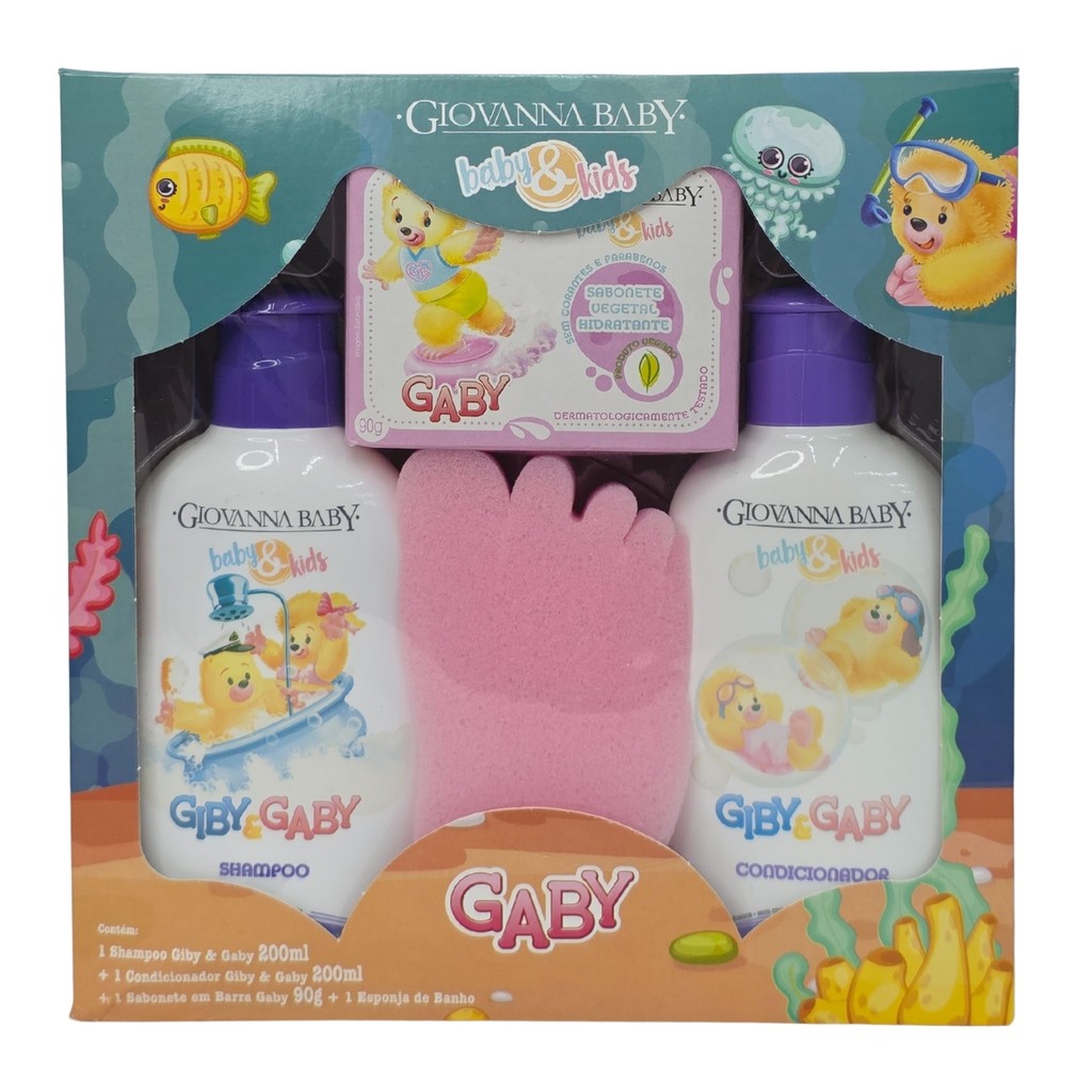 Shampoo 200ml + Condicionador 200ml + Sabonete Barra 90g + Esponja Banho Gaby Vegano Giovanna Baby