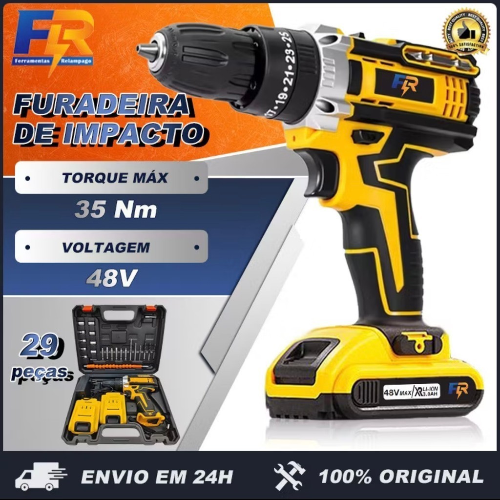 Furadeira Parafusadeira 48V de Impacto Sem Fio 💥 3 Funções | Super Potente | Kit Completo + Maleta