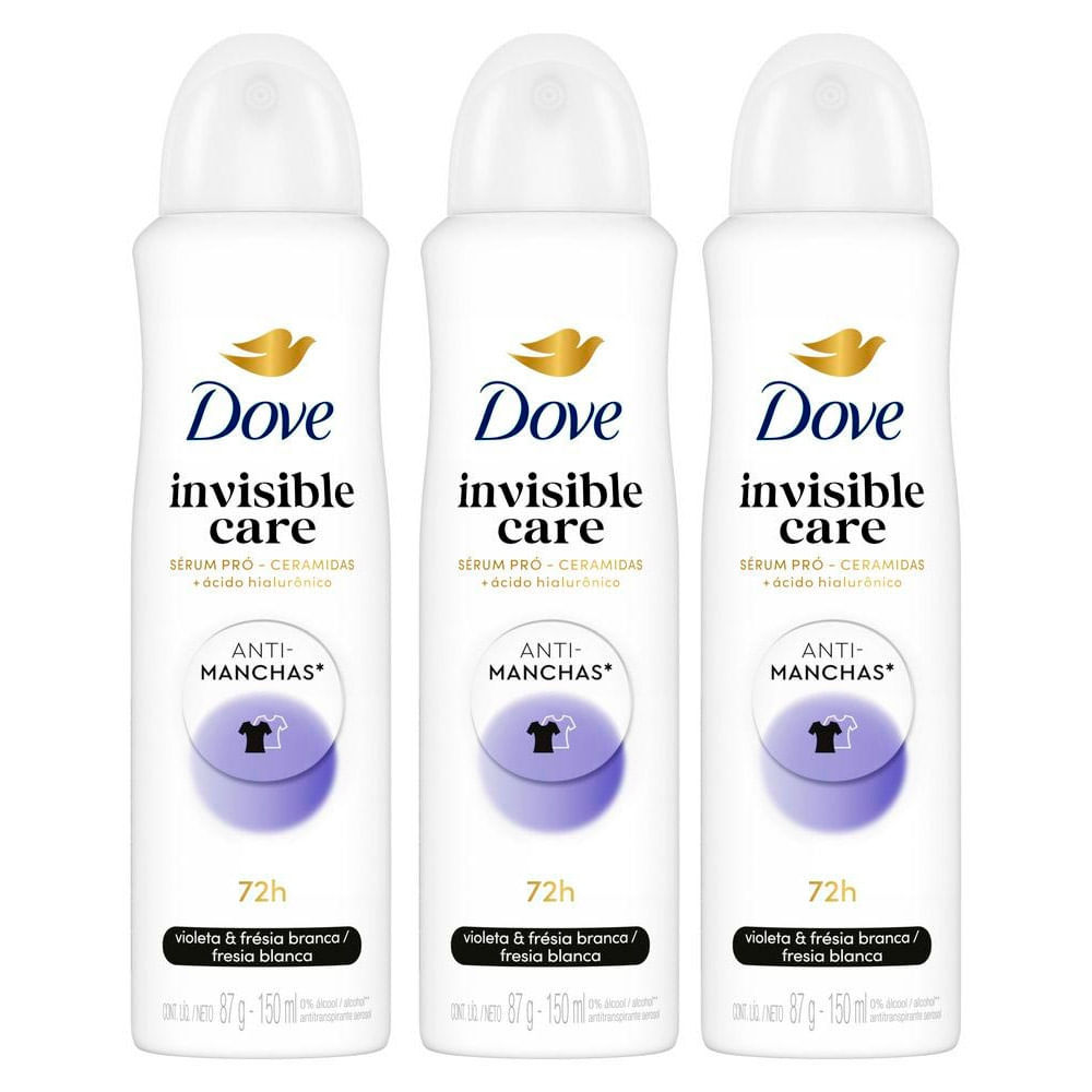 Kit 3 Desodorante Dove Invisible Care Anti Manchas Antitranspirante 72h Aerosol 150ml em Oferta na Shopee
