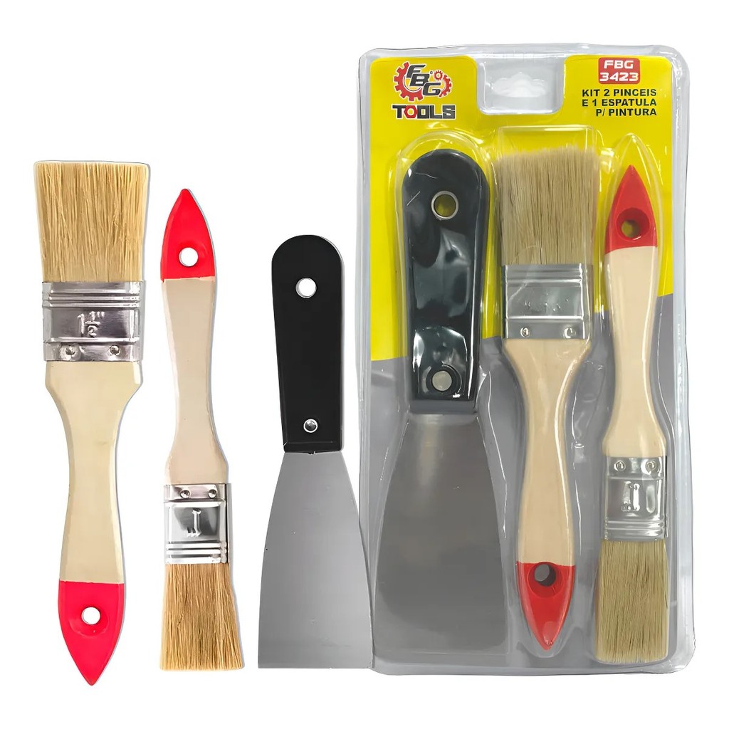 Kit De Pintura 2 Pinceis + Espatula Profissional Cerdas Bege FBG-3423