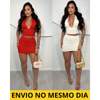 Conjunto Blusa Top Cropped decote v Amarração Frente Única  Multiformas + Saia curta tubinho drapeada Moda gringa suplex