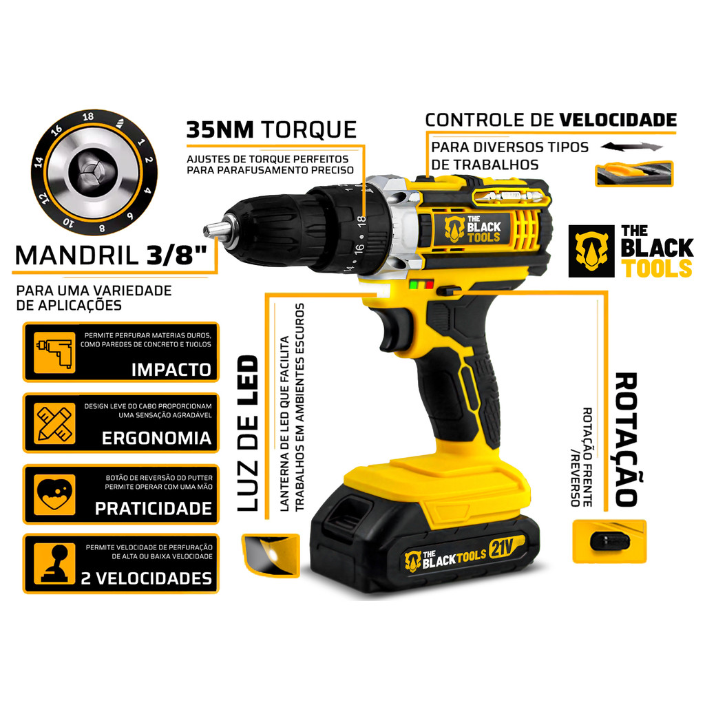 Parafusadeira Furadeira Impacto 21v Bateria C/ Maleta The Black Tools + Kit Parafusos Buchas E Luvas