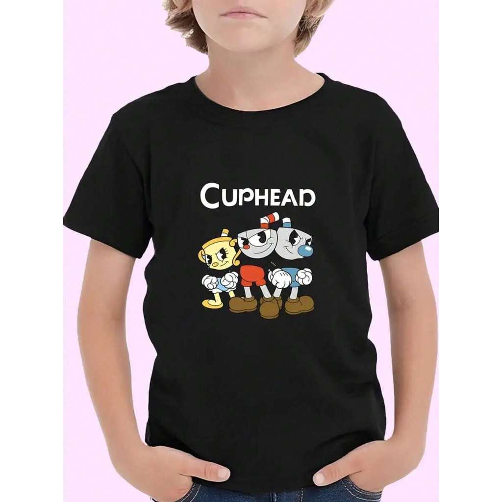 Camiseta Casual Manga Curta Simples Infantil Juvenil Adequado Para Crianças algodão Cuphead Jogo