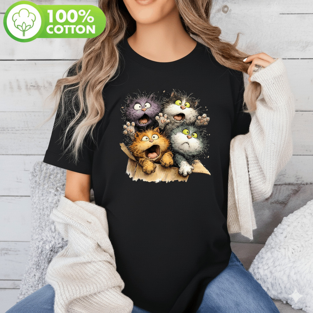 Camiseta Unissex Gatos Cartoon Engraçados Algodão Estampada Confortável Divertida Fofa Casual