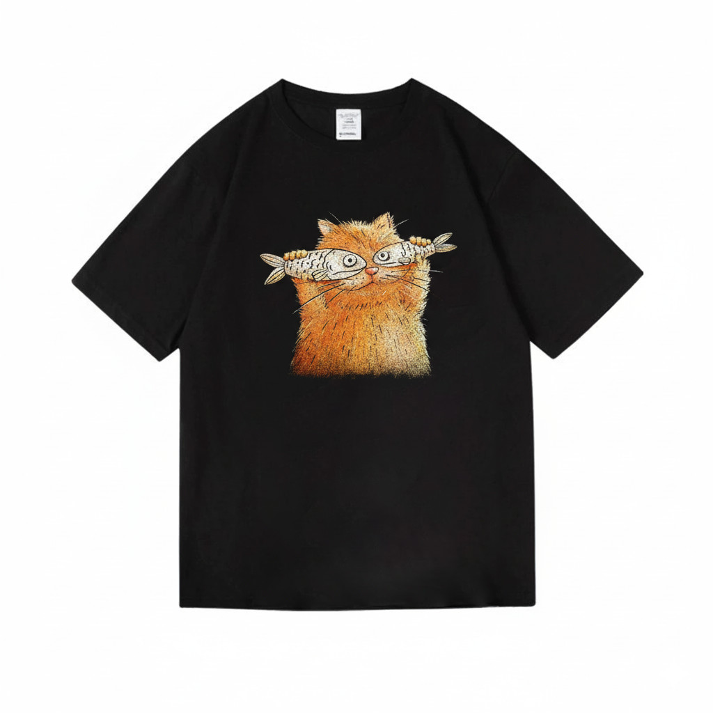 Camiseta Unissex Gato Olhos Peixe Design Surreal Engraçado Estampada Confortavel Divertida Estilosa Casual