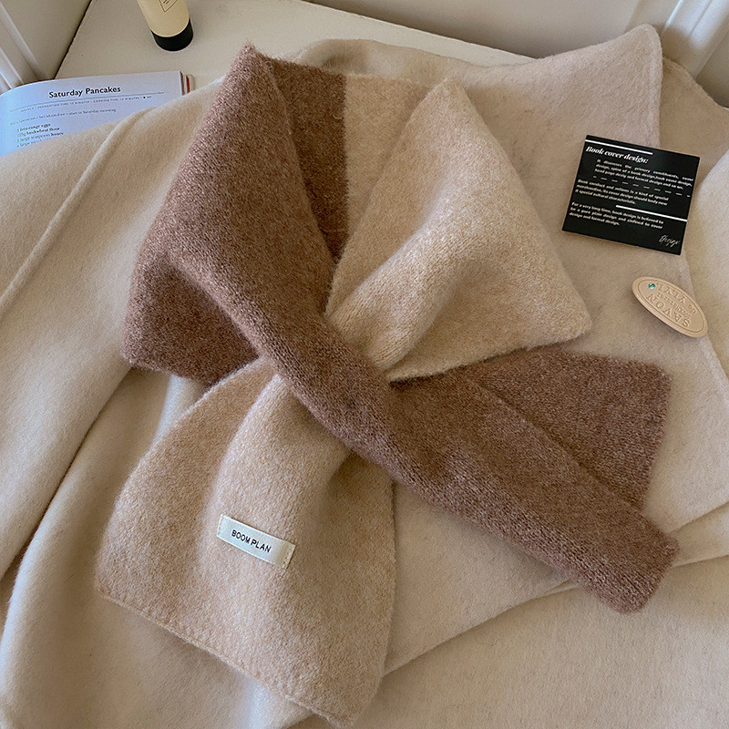 Lenço de malha com bloqueio de cores feminino inverno versão coreana All-Match mantendo quente estudante japonês proteçã