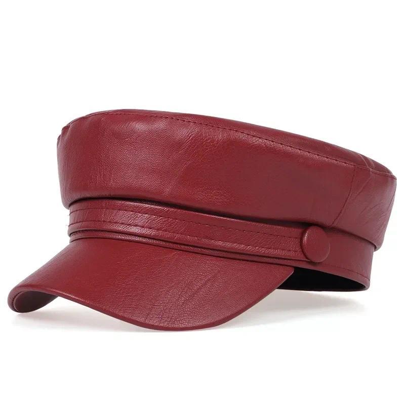 Boné Militar de Couro PU em Cor Sólida para Mulheres, Boné de Beisebol Retro Britânico Moderno, Boina Casual de Couro co