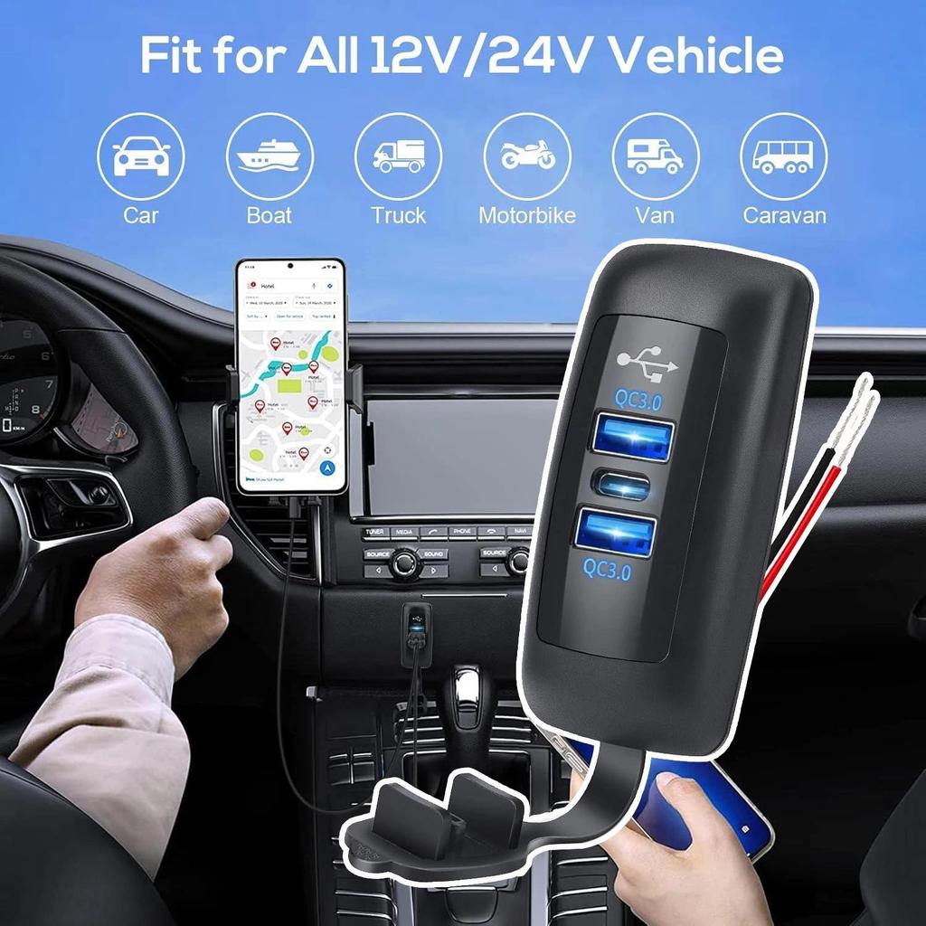 Carregador De Carro USB Duplo QC3.0 PD Tipo-C Automático Universal À Prova Dwaterproof Água E Poeira 12-24V Para Motocic