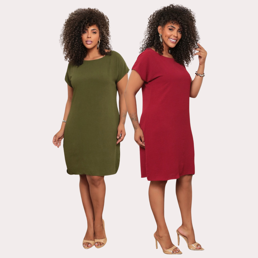 Kit 2 Vestidos Midi Plus Size Duna Feminino Casual Soltinho Gola Redonda Manga Curta Confortável em Oferta na Shopee