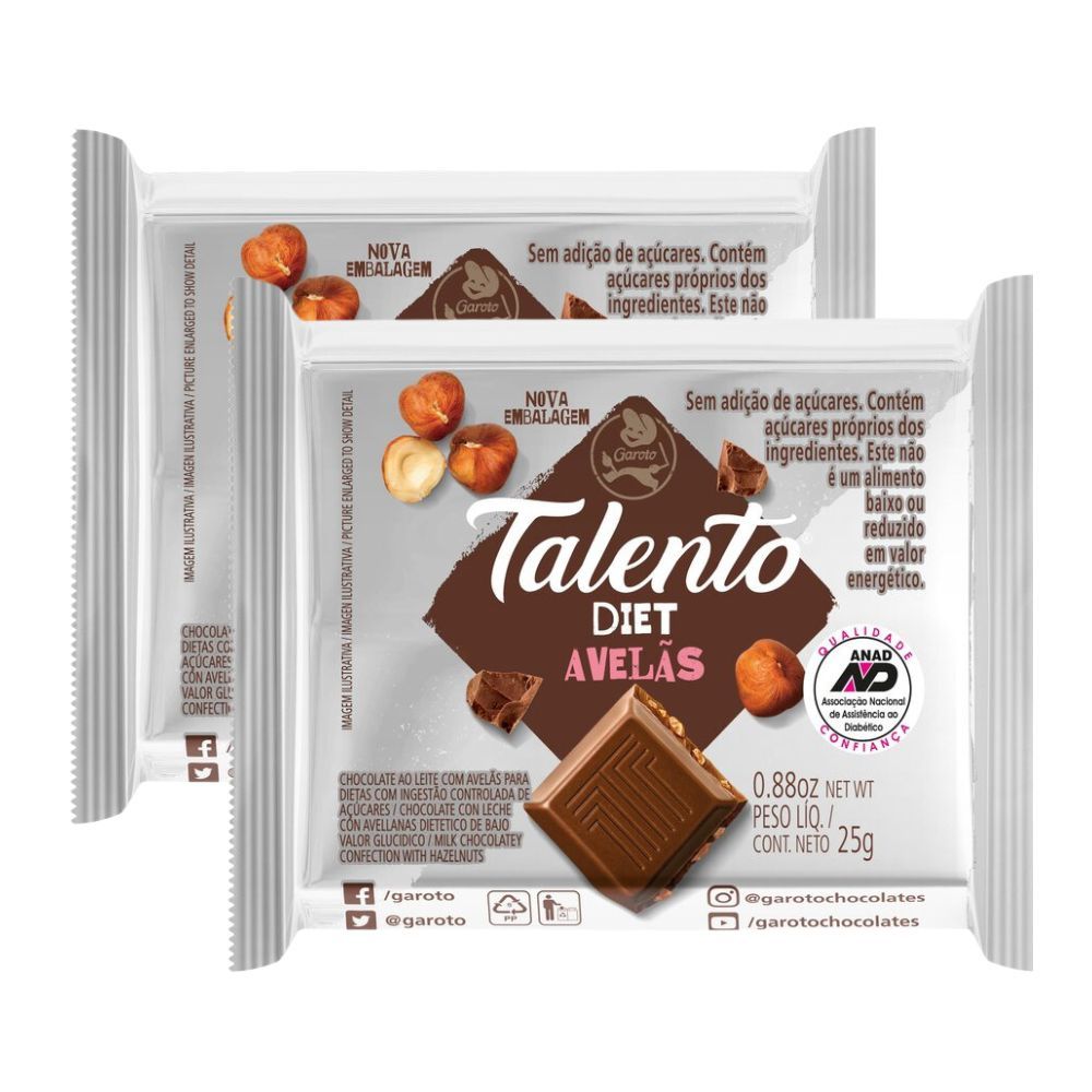 Kit 2 Chocolate Garoto Talento Diet com Avelãs 25g em Oferta na Shopee