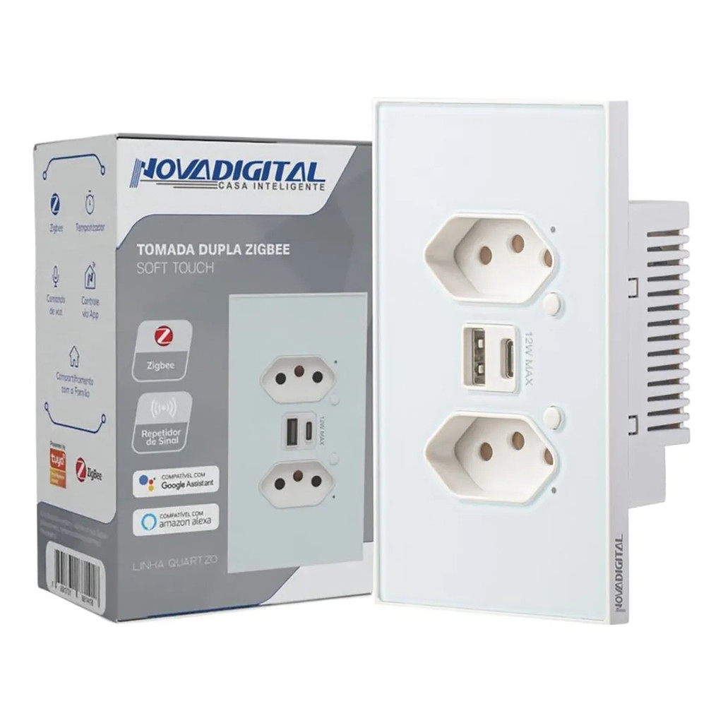 Tomada Inteligente Zigbee Novadigital Dupla Usb 10a Quartzo Branco QZ-S2-W