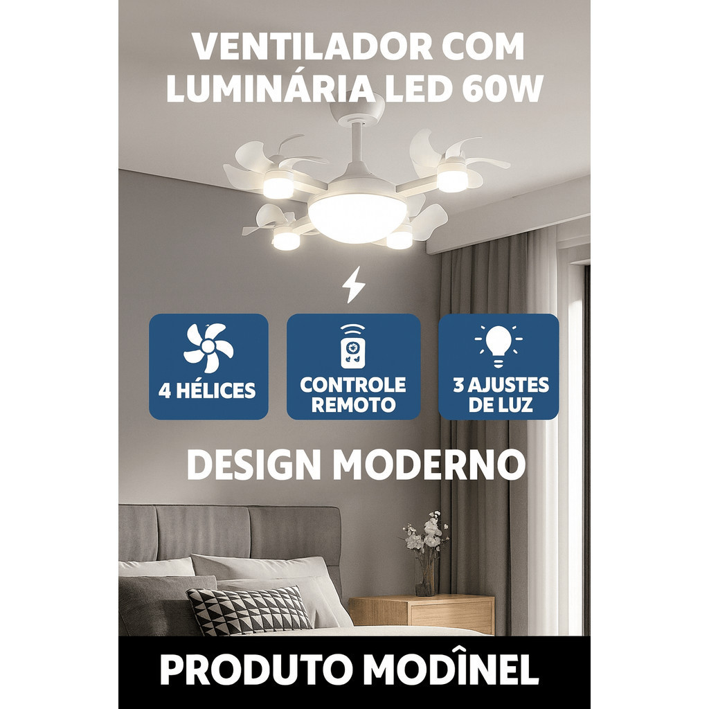 Luminária de Teto com Ventilador LED 60W – 4 Hélices, Controle Remoto, 3 Níveis de Luz e Design Moderno